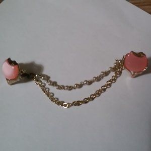 Jewelry Sweater Clasp Holder Gold Chains and White Pearls Peachy Pink Never Worn